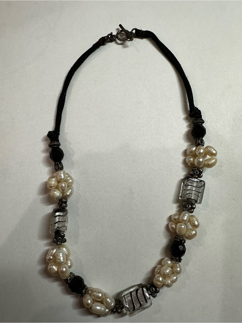 Artisan Freshwater Pearl & Lampwork Glass Leather Toggle Necklace